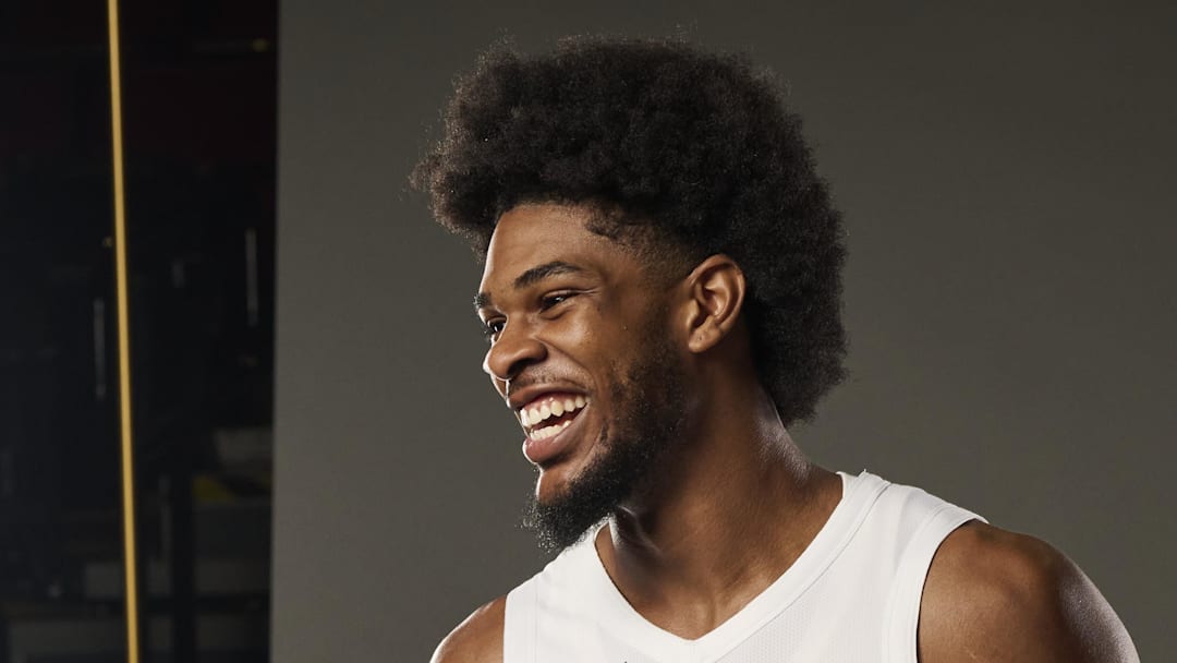 Sep 29, 2025; Portland, OR, USA; Portland Trail Blazers guard Scoot Henderson (00) during media day at the Moda Center. Mandatory Credit: Troy Wayrynen-Imagn Images