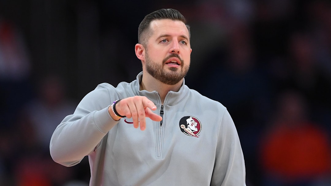 Jan 13, 2026; Syracuse, New York, USA; Florida State Seminoles head coach Luke Loucks during the second half against the Syracuse Orange at the JMA Wireless Dome. Mandatory Credit: Rich Barnes-Imagn Images