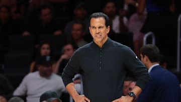 Oct 6, 2025; Miami, Florida, USA; Miami Heat Head Coach Erik Spoelstra reacts against the Milwaukee Bucks during the first quarter at Kaseya Center. Mandatory Credit: Sam Navarro-Imagn Images