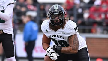 Oct 19, 2024; Pullman, Washington, USA; Hawaii Warriors offensive lineman Ka'ena Decambra (78) lines ups for a play against the Washington State Cougars in the second half at Gesa Field at Martin Stadium. Mandatory Credit: James Snook-Imagn Images