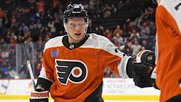 Mar 6, 2025; Philadelphia, Pennsylvania, USA; Philadelphia Flyers right wing Matvei Michkov (39) celebrates his goal against the Winnipeg Jets during the third period at Wells Fargo Center. 