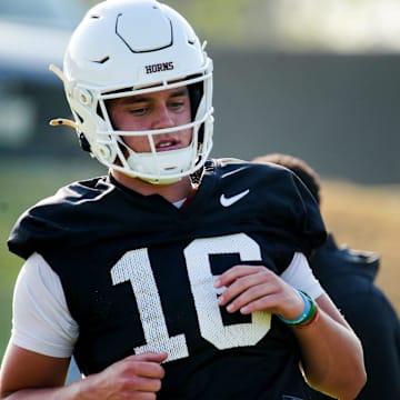 Texas Longhorns quarterback, Arch Manning during his first practice of the spring season on Tuesday, March 25, 2025.