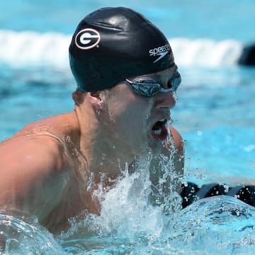 Jul 28, 2018; Irvine, CA, USA; Nick Fink competes in the mens 100 LC meter breaststroke during the 2018 USA Swimming Phillips 66 National Championships swim meet  at William Woolle Jr. Aquatic Center. Mandatory Credit: Gary A. Vasquez-USA TODAY Sports