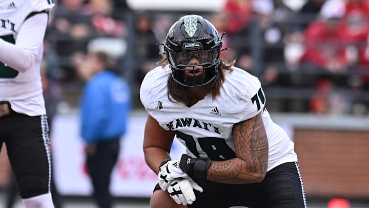 Oct 19, 2024; Pullman, Washington, USA; Hawaii Warriors offensive lineman Ka'ena Decambra (78) lines ups for a play against the Washington State Cougars in the second half at Gesa Field at Martin Stadium. Mandatory Credit: James Snook-Imagn Images
