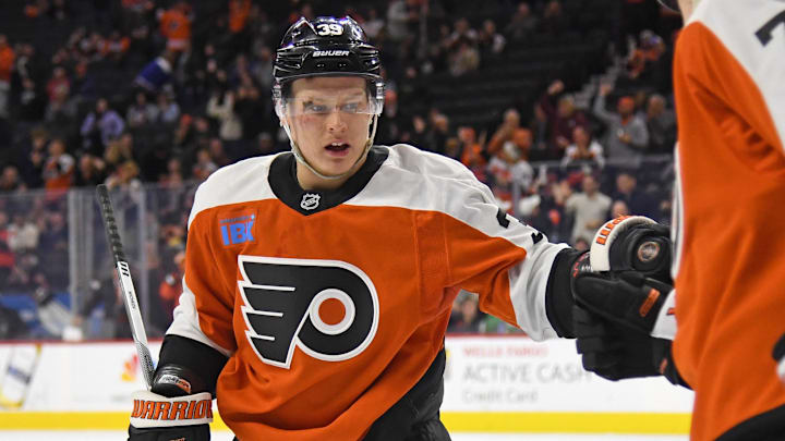 Mar 6, 2025; Philadelphia, Pennsylvania, USA; Philadelphia Flyers right wing Matvei Michkov (39) celebrates his goal against the Winnipeg Jets during the third period at Wells Fargo Center. 