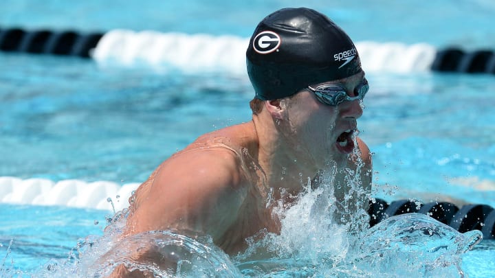 Jul 28, 2018; Irvine, CA, USA; Nick Fink competes in the mens 100 LC meter breaststroke during the 2018 USA Swimming Phillips 66 National Championships swim meet  at William Woolle Jr. Aquatic Center. Mandatory Credit: Gary A. Vasquez-USA TODAY Sports