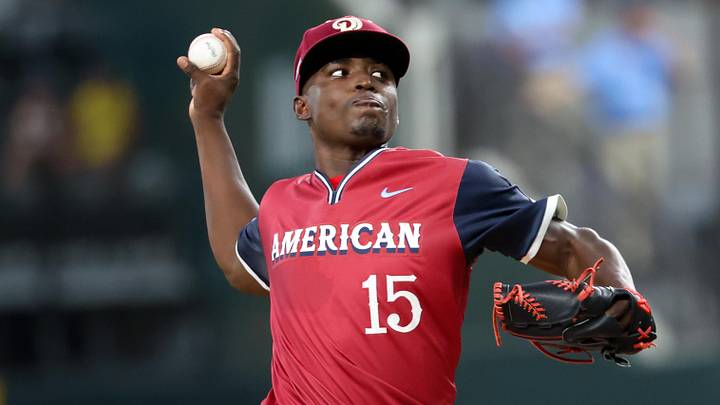 Jul 13, 2024; Arlington, TX, USA;  American League Future pitcher Emiliano Teodo (15) throws during the first inning against the National League Future team during the Major League All-Star Futures game at Globe Life Field.  Mandatory Credit: Kevin Jairaj-USA TODAY Sports
