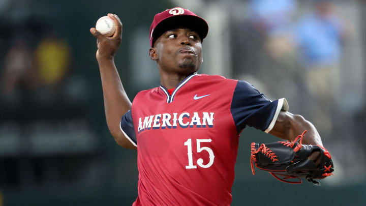 Jul 13, 2024; Arlington, TX, USA;  American League Future  pitcher Emiliano Teodo (15) throws during the first inning against the National League Future team during the Major league All-Star Futures game at Globe Life Field.  Mandatory Credit: Kevin Jairaj-USA TODAY Sports