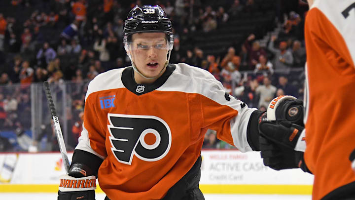 Philadelphia Flyers right wing Matvei Michkov (39) celebrates his goal against the Winnipeg Jets.