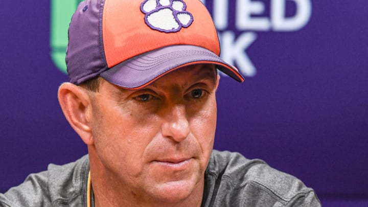 Feb 28, 2024; Clemson, South Carolina, USA; Clemson Head Coach Dabo Swinney speaks with media before the first day of Spring practice at Poe Indoor Practice Facility at the Allen N. Reeves football complex