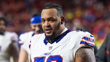 Jan 26, 2025; Kansas City, MO, USA; Buffalo Bills offensive tackle Dion Dawkins (73) against the Kansas City Chiefs during the AFC Championship game at GEHA Field at Arrowhead Stadium. Mandatory Credit: Mark J. Rebilas-Imagn Images