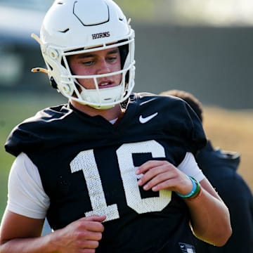 Texas Longhorns quarterback, Arch Manning during his first practice of the spring season.