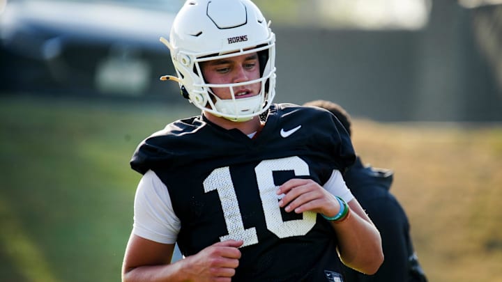 Texas Longhorns quarterback, Arch Manning during his first practice of the spring season.