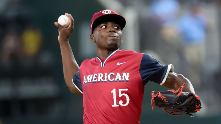 Jul 13, 2024; Arlington, TX, USA;  American League Future  pitcher Emiliano Teodo (15) throws during the first inning against the National League Future team during the Major league All-Star Futures game at Globe Life Field.  