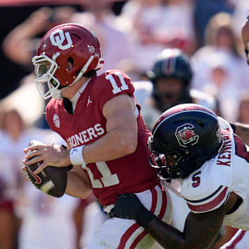 /s5d/ sacks Oklahoma Sooners quarterback Jackson Arnold (11) during a college football game between the University of Oklahoma Sooners (OU) and the South Carolina Gamecocks at Gaylord Family - Oklahoma Memorial Stadium in Norman, Okla., Saturday, Oct. 19, 2024.