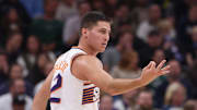 Oct 27, 2025; Salt Lake City, Utah, USA; Phoenix Suns guard Collin Gillespie (12) reacts to a shot against the Utah Jazz during the second half at Delta Center. Mandatory Credit: Rob Gray-Imagn Images