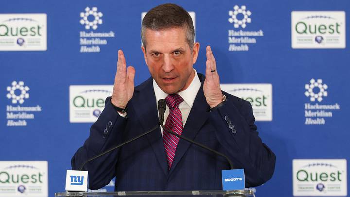 Jan 20, 2026; East Rutherford, NJ, USA; New York Giants head coach John Harbaugh speaks at the press conference announcing his hiring