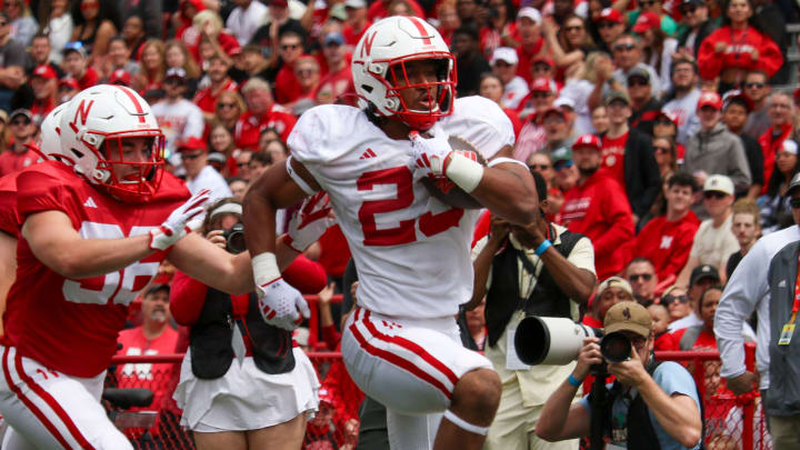 Dante Dowdell breaks free for a 49-yard touchdown run during the 2024 Nebraska football Red-White Spring Game.