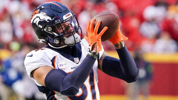 Oct 12, 2023; Kansas City, Missouri, USA; Denver Broncos safety Justin Simmons (31) warms up against the Kansas City Chiefs prior to a game at GEHA Field at Arrowhead Stadium. Mandatory Credit: Denny Medley-USA TODAY Sports