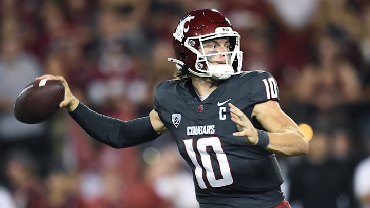 Sep 7, 2024; Pullman, Washington, USA; Washington State Cougars quarterback John Mateer (10) throws a pass against the Texas Tech Red Raiders in the first half at Gesa Field at Martin Stadium. Mandatory Credit: James Snook-Imagn Images