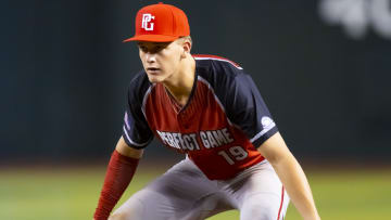 Aug 28, 2022; Phoenix, Arizona, US; West infielder Cooper Pratt (19) during the Perfect Game All-American Classic high school baseball game at Chase Field. Mandatory Credit: Mark J. Rebilas-USA TODAY Sports