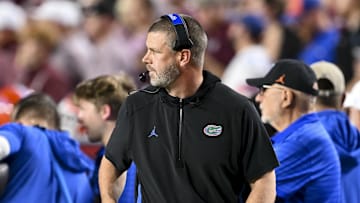 Oct 11, 2025; College Station, Texas, USA; Florida Gators head coach Billy Napier looks on during the third quarter against the Texas A&M Aggies at Kyle Field. Mandatory Credit: Maria Lysaker-Imagn Images 