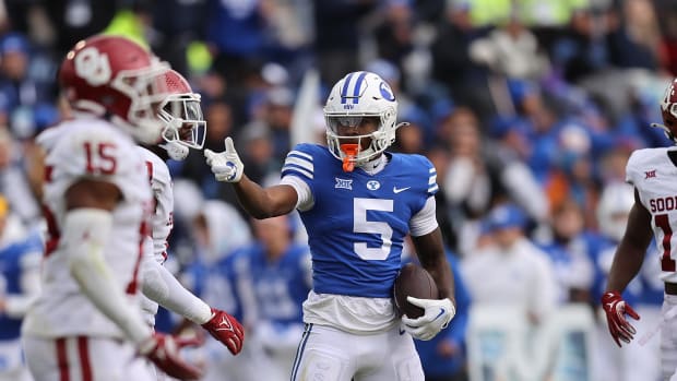 Brigham Young Cougars wide receiver Darius Lassiter (5) reacts to a first down. Credit: Rob Gray-USA TODAY Sports