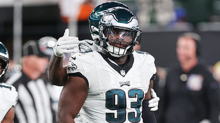 Oct 15, 2023; East Rutherford, New Jersey, USA; Philadelphia Eagles defensive tackle Milton Williams (93) reacts after a defensive stop during the second half against the New York Jets at MetLife Stadium. Mandatory Credit: Vincent Carchietta-Imagn Images Oct 15, 2023; East Rutherford, New Jersey, USA; Philadelphia Eagles defensive tackle Milton Williams (93) reacts after a defensive stop during the second half against the New York Jets at MetLife Stadium. Mandatory Credit: Vincent Carchietta-Imagn Images