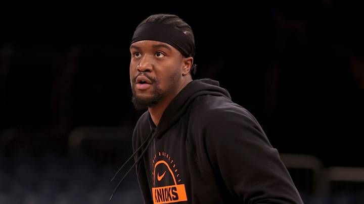 New York Knicks center Ariel Hukporti (55) warms up before a game against the Indiana Pacers at Madison Square Garden on Feb. 10, 2026.