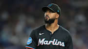 Sep 26, 2025; Miami, Florida, USA; Miami Marlins starting pitcher Sandy Alcantara (22) returns to the dugout against the New York Mets during the fourth inning at loanDepot Park. Mandatory Credit: Sam Navarro-Imagn Images