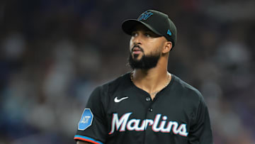 Sep 26, 2025; Miami, Florida, USA; Miami Marlins starting pitcher Sandy Alcantara (22) returns to the dugout against the New York Mets during the fourth inning at loanDepot Park. Mandatory Credit: Sam Navarro-Imagn Images