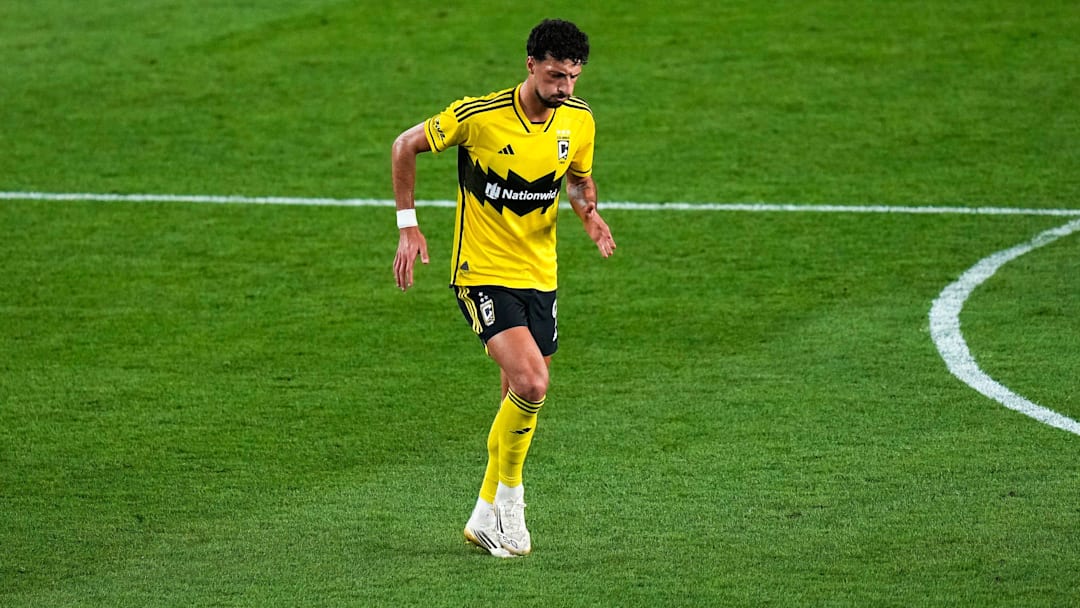 Columbus Crew forward Wessam Abou Ali (9) limps in the first half at Lower.com Field on Saturday, Sept. 20, 2025 in Columbus, Ohio.