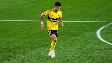 Columbus Crew forward Wessam Abou Ali (9) limps in the first half at Lower.com Field on Saturday, Sept. 20, 2025 in Columbus, Ohio.
