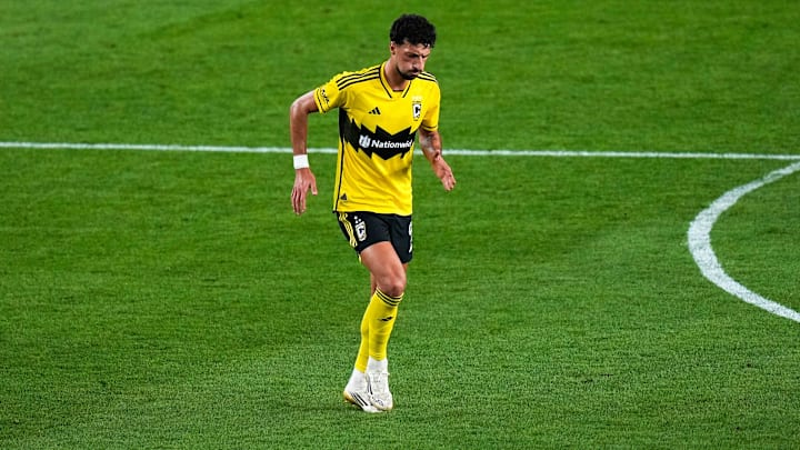 Columbus Crew forward Wessam Abou Ali (9) limps in the first half at Lower.com Field on Saturday, Sept. 20, 2025 in Columbus, Ohio.