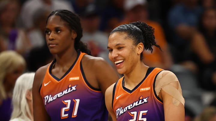 Aug 7, 2025; Phoenix, Arizona, USA; Phoenix Mercury forward Alyssa Thomas (25) with center Kalani Brown (21) against the Indiana Fever during WNBA game at PHX Arena. Mandatory Credit: Mark J. Rebilas-Imagn Images