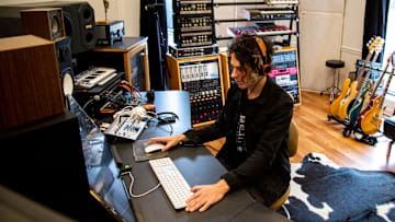 Matt Mahaffey looks over his work at his recording studio Tuesday, Sept. 25, 2018, in Nashville, Tenn.