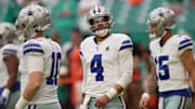 Dallas Cowboys quarterback Dak Prescott (4) warms-up before the NFL game against the Miami Dolphins at Hard Rock Stadium in Miami Gardens, Dec. 24, 2023.