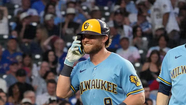 May 18, 2026; Chicago, Illinois, USA; Milwaukee Brewers left fielder Jake Bauers (9) is greeted by designated hitter Christian Yelich (22) after hitting a three-run home run against the Chicago Cubs during the fifth inning at Wrigley Field. Mandatory Credit: David Banks-Imagn Images