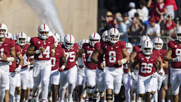 Sep 23, 2023; Stanford, California, USA; Stanford Cardinal quarterback Justin Lamson (8) and the