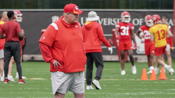 May 26, 2022; Kansas City, MO, USA; Kansas City Chiefs head coach Andy Reid watches practice during organized team activities at The University of Kansas Health System Training Complex. Mandatory Credit: Denny Medley-USA TODAY Sports