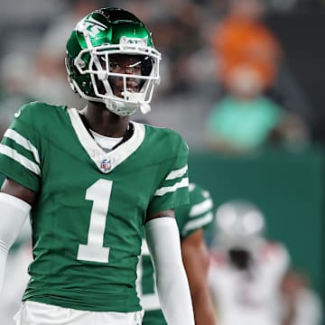 Sep 19, 2024; East Rutherford, New Jersey, USA; New York Jets cornerback Sauce Gardner (1) warms up before a game against the New England Patriots at MetLife Stadium. Mandatory Credit: Brad Penner-Imagn Images