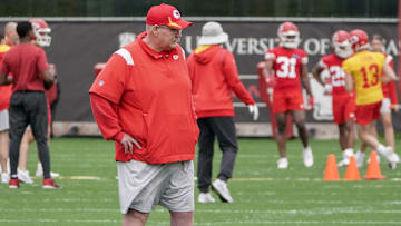 May 26, 2022; Kansas City, MO, USA; Kansas City Chiefs head coach Andy Reid watches practice during organized team activities at The University of Kansas Health System Training Complex. Mandatory Credit: Denny Medley-Imagn Images