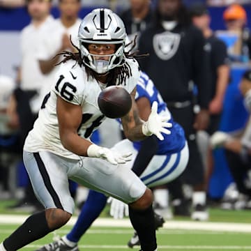 Oct 5, 2025; Indianapolis, Indiana, USA; Las Vegas Raiders wide receiver Jakobi Meyers (16) makes a catch against the Indianapolis Colts during the second half at Lucas Oil Stadium. Mandatory Credit: Trevor Ruszkowski-Imagn Images