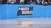 CAA March Madness signage is seen during a game between the Clemson Tigers and the McNeese State Cowboys at Amica Mutual Pavilion. 