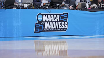 CAA March Madness signage is seen during a game between the Clemson Tigers and the McNeese State Cowboys at Amica Mutual Pavilion. 