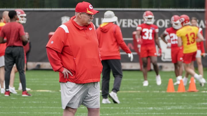 May 26, 2022; Kansas City, MO, USA; Kansas City Chiefs head coach Andy Reid watches practice during organized team activities at The University of Kansas Health System Training Complex. Mandatory Credit: Denny Medley-Imagn Images