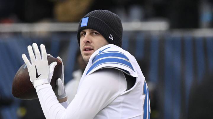 Jan 4, 2026; Chicago, Illinois, USA; Detroit Lions quarterback Jared Goff (16) warms up before the game between the Chicago Bears and the Detroit Lions at Soldier Field. Mandatory Credit: Matt Marton-Imagn Images