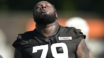 Cleveland Browns offensive tackle Dawand Jones (79) during training camp at CrossCountry Mortgage Campus.