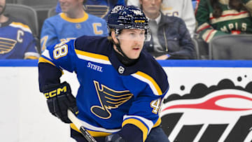 Nov 19, 2024; St. Louis, Missouri, USA;  St. Louis Blues defenseman Scott Perunovich (48) controls the puck against the Minnesota Wild during the first period at Enterprise Center. Mandatory Credit: Jeff Curry-Imagn Images