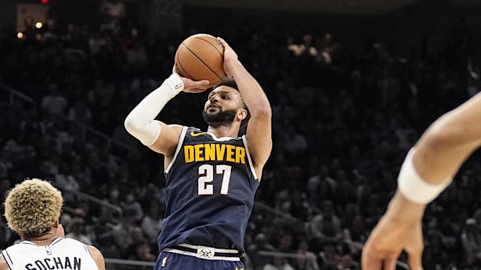 Mar 15, 2024; Austin, Texas, USA; Denver Nuggets guard Jamal Murray (27) shoots over San Antonio